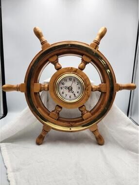 Decorative Wooden Ship's Wheel Clock Nautical Maritime Decor Tianguang Quartz RD